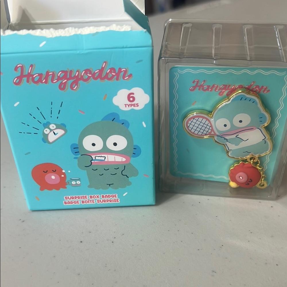 Sanrio Hangyodon Camping Badge Box opened to show character.